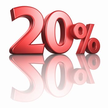 Glossy red twenty percent on white background with mirror floor, 3d render 20%