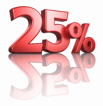 Glossy red twenty five percent on white background with mirror floor, 3d render 25%