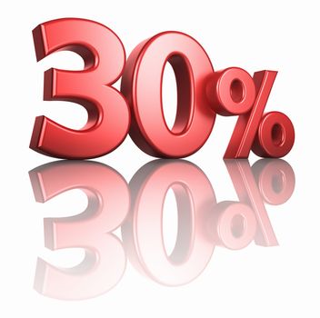 Glossy red thirty percent on white background with mirror floor, 3d render 30%