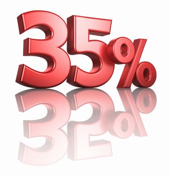 Glossy red thirty five percent on white background with mirror floor, 3d render 35%