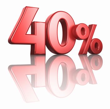 Glossy red forty percent on white background with mirror floor, 3d render 40%