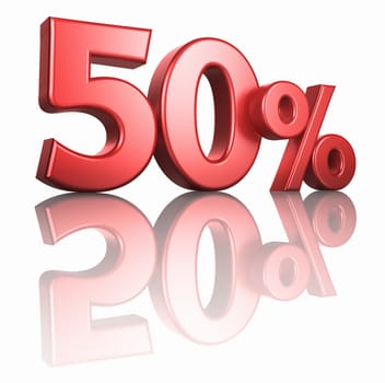 Glossy red fifty percent on white background with mirror floor, 3d render 50%