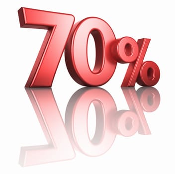 Glossy red seventy percent on white background with mirror floor, 3d render 70%