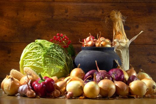  Onions and corn on a brown background                                