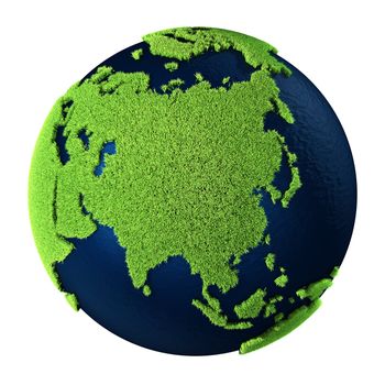 Grass Earth with blue oceans isolated on white background. Asia. 3d render