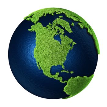 Grass Earth with blue oceans isolated on white background. North America. 3d render