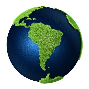 Grass Earth with blue oceans isolated on white background. South America. 3d render
