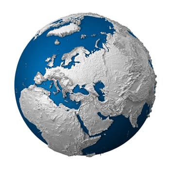 Artificial Earth - Europe. White lands and blue oceans. Detailed surface. 3d render