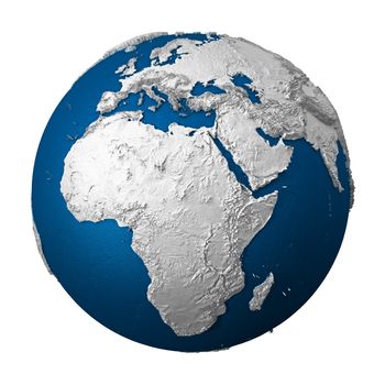 Artificial Earth - Africa. White lands and blue oceans. Detailed surface. 3d render