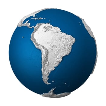 Artificial Earth - South America. White lands and blue oceans. Detailed surface. 3d render