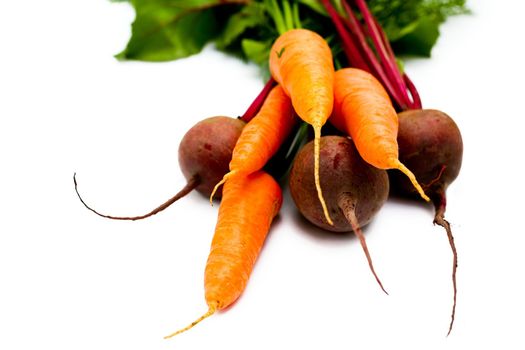 An image of fresh beets and carrots with green leaves