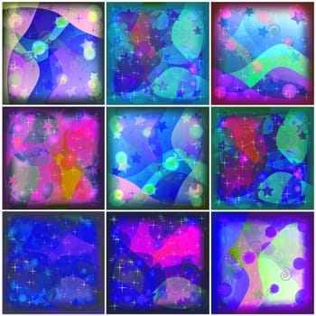 Set abstract various colored backgrounds, patterns with curves, stars and circles