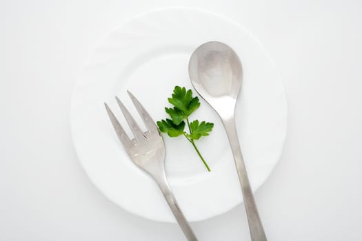 An image of a plate with spoon and fork on it