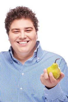 Happy chubby man holding pear, isolated on white