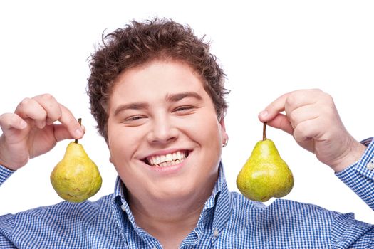 Happy chubby man holding pear, isolated on white