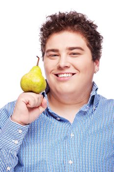 Happy chubby man holding pear, isolated on white