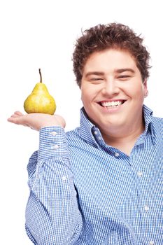 Happy chubby man holding pear, isolated on white