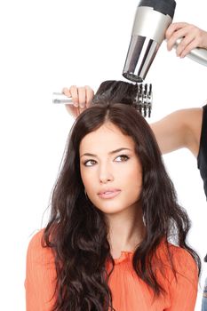 hairdresser is drain a woman's long black hair, isolated on white