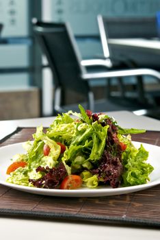 Fresh salad with mozzarella cheese and cherry tomatoes. Indoor. Blurry background of restaurant interior