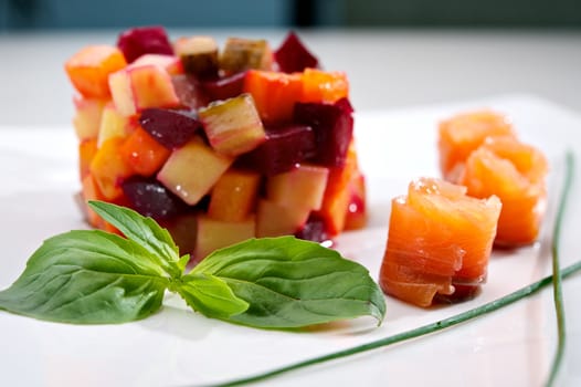 Appetizer of Vinaigrette salad with boiled vegetables and salmon fillet. Small Depth of Field