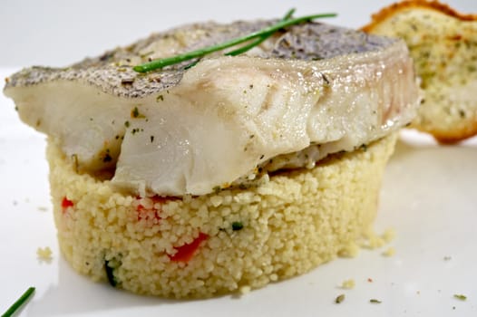 Pike-perch fillet garnished with vegetables and toast, served on white plate