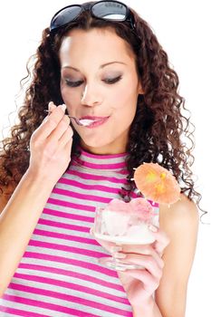 Woman eating icecream, isolated on white background