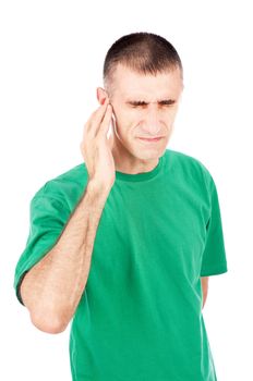 Man have a strong pain in ear, isolated on white background