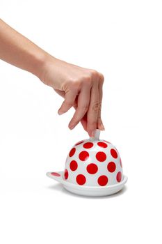 woman's hand holding butter dish isolated over white background