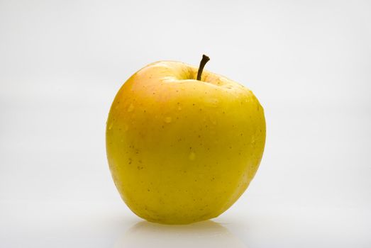 Fresh yellow apple with waterdrops graft over white background