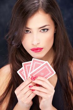 Pretty long hair woman holding cards