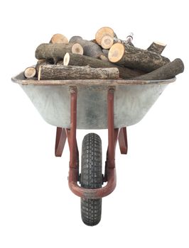 An old wheelbarrow full of firewood on a white background