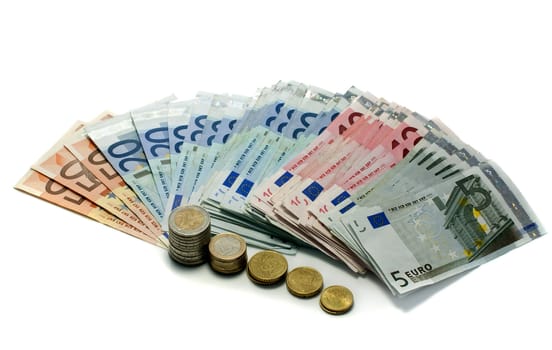 euro money paper and coins on ioalted white
