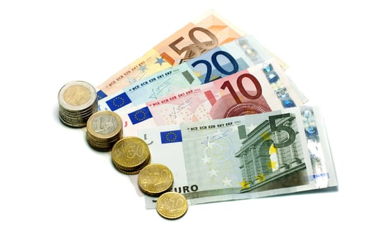 euro money paper and coins on ioalted white