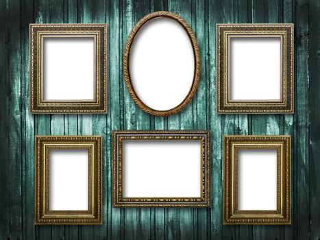 illustration of six picture frames on a wooden background grunge
