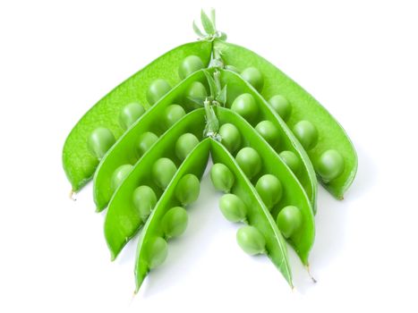 The isolated opened pods of peas on a white background