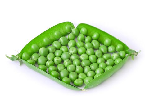 The isolated opened pods of peas in the form of a rhombus