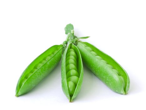 Three fresh isolated opened peas pod on a white background