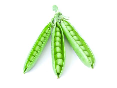 Three isolated opened pods of peas on a white background