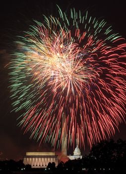 Independence Day fireworks celebrations over monuments in Washington DC