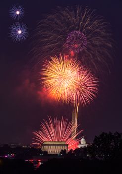 Independence Day fireworks celebrations over monuments in Washington DC