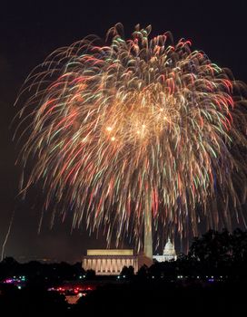 Independence Day fireworks celebrations over monuments in Washington DC