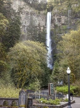 Multnomah Falls in Spring Moss and water Oregon.
