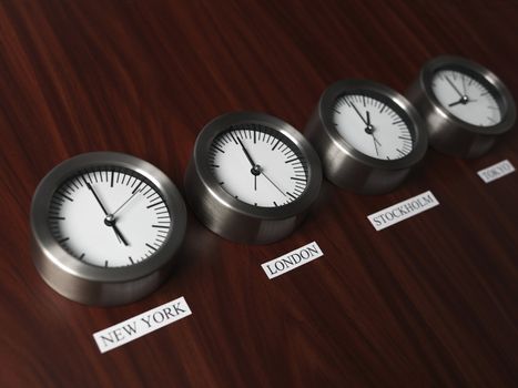 Four clocks with different time on Teak background