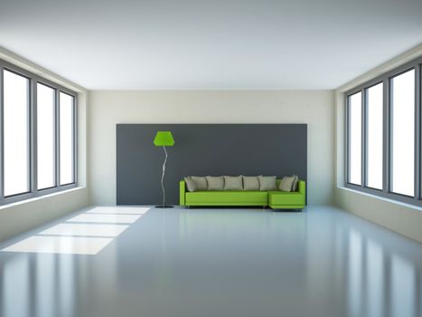 A large room with green sofa and a lamp