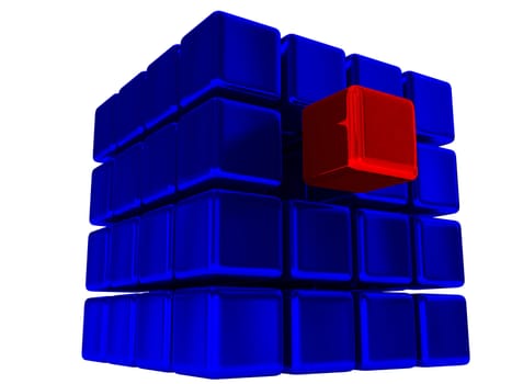 One red cube between the blue cubes