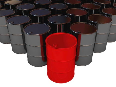 Red and black oil barrels on a white background