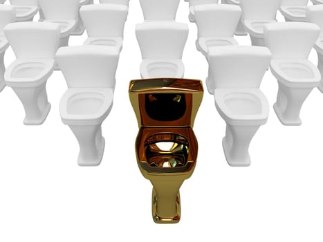 The golden toilet on a white background
