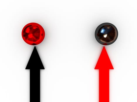 Red and black arrows specify in a metallic sphere