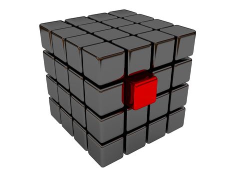 One red cube between the black cubes