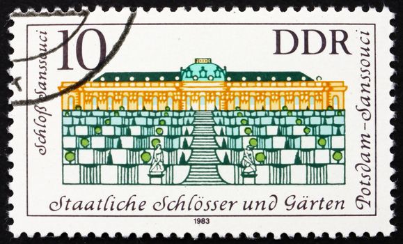GDR - CIRCA 1983: a stamp printed in GDR shows Sanssouci Palace, Summer Palace of Frederick the Great, King of Prussia, Potsdam Gardens, Germany, circa 1983